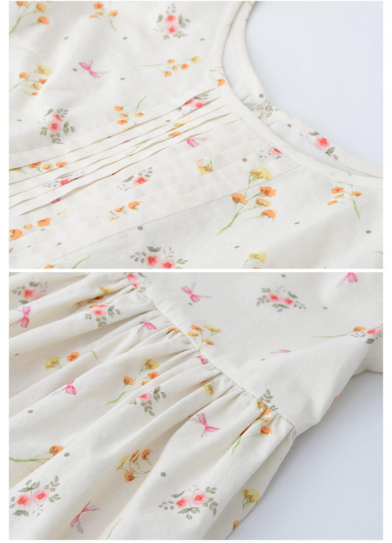 Floral Bow Pattern Pintuck Dress With Back Tie