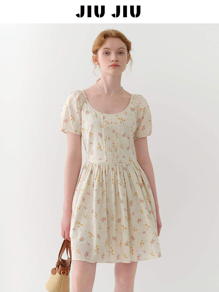 Floral Bow Pattern Pintuck Dress With Back Tie