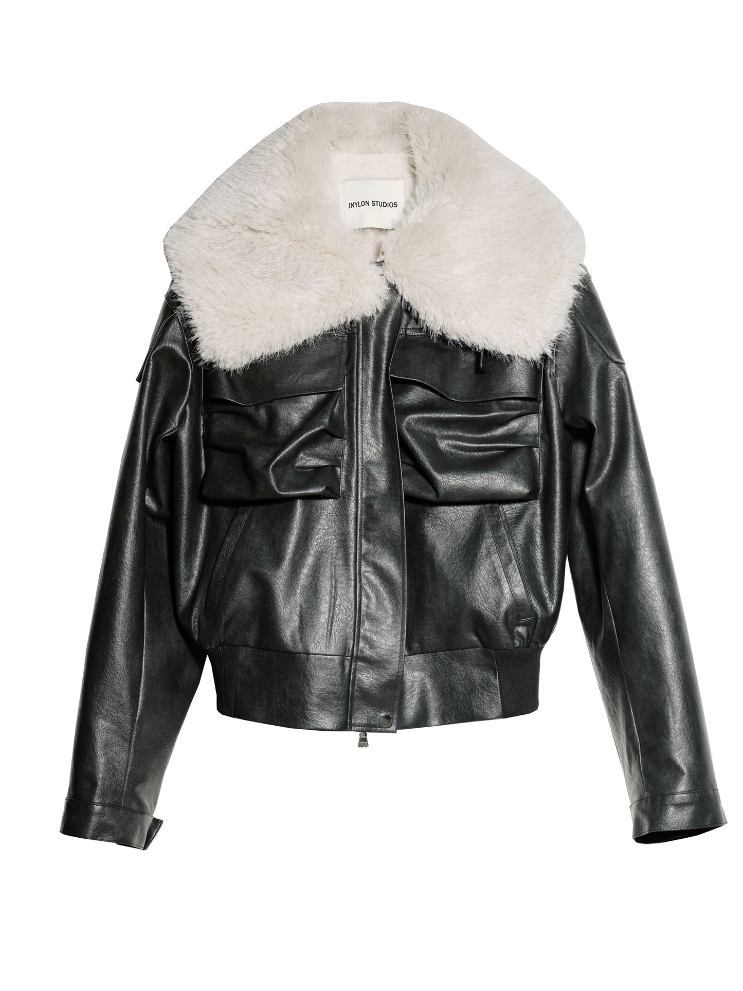 Faux Leather 3D Pocket Jacket With Fur Collar