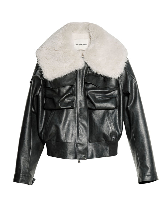 Faux Leather 3D Pocket Jacket With Fur Collar
