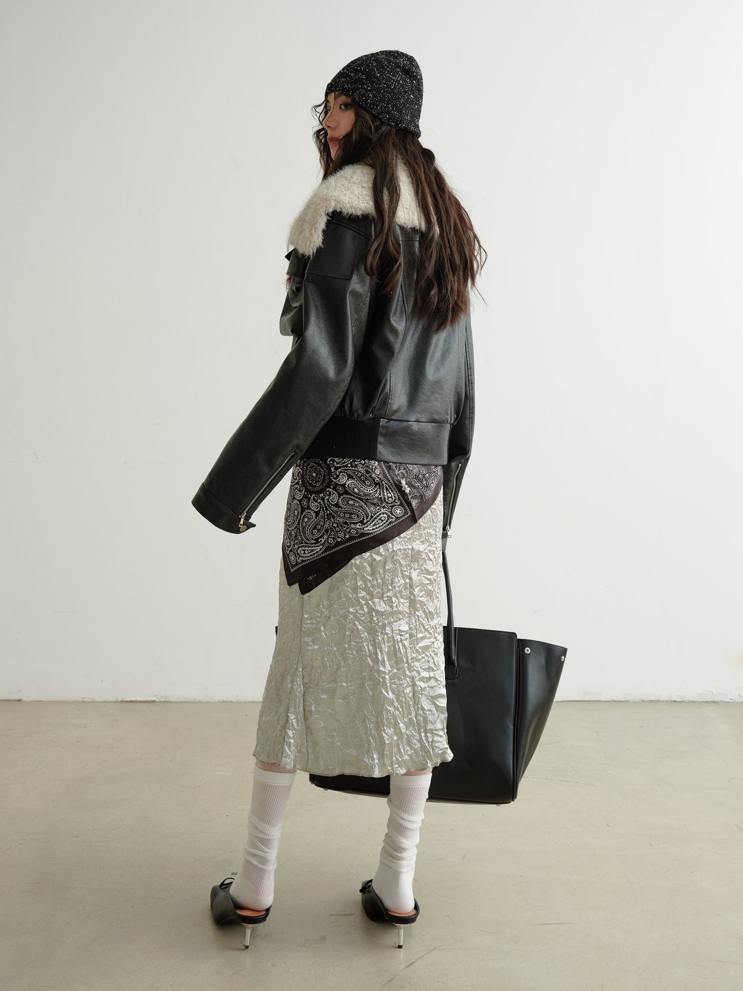 Faux Leather 3D Pocket Jacket With Fur Collar