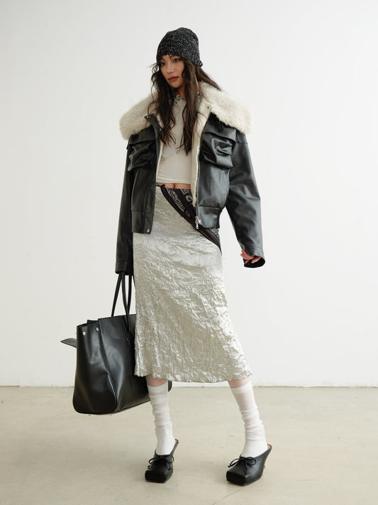 Faux Leather 3D Pocket Jacket With Fur Collar