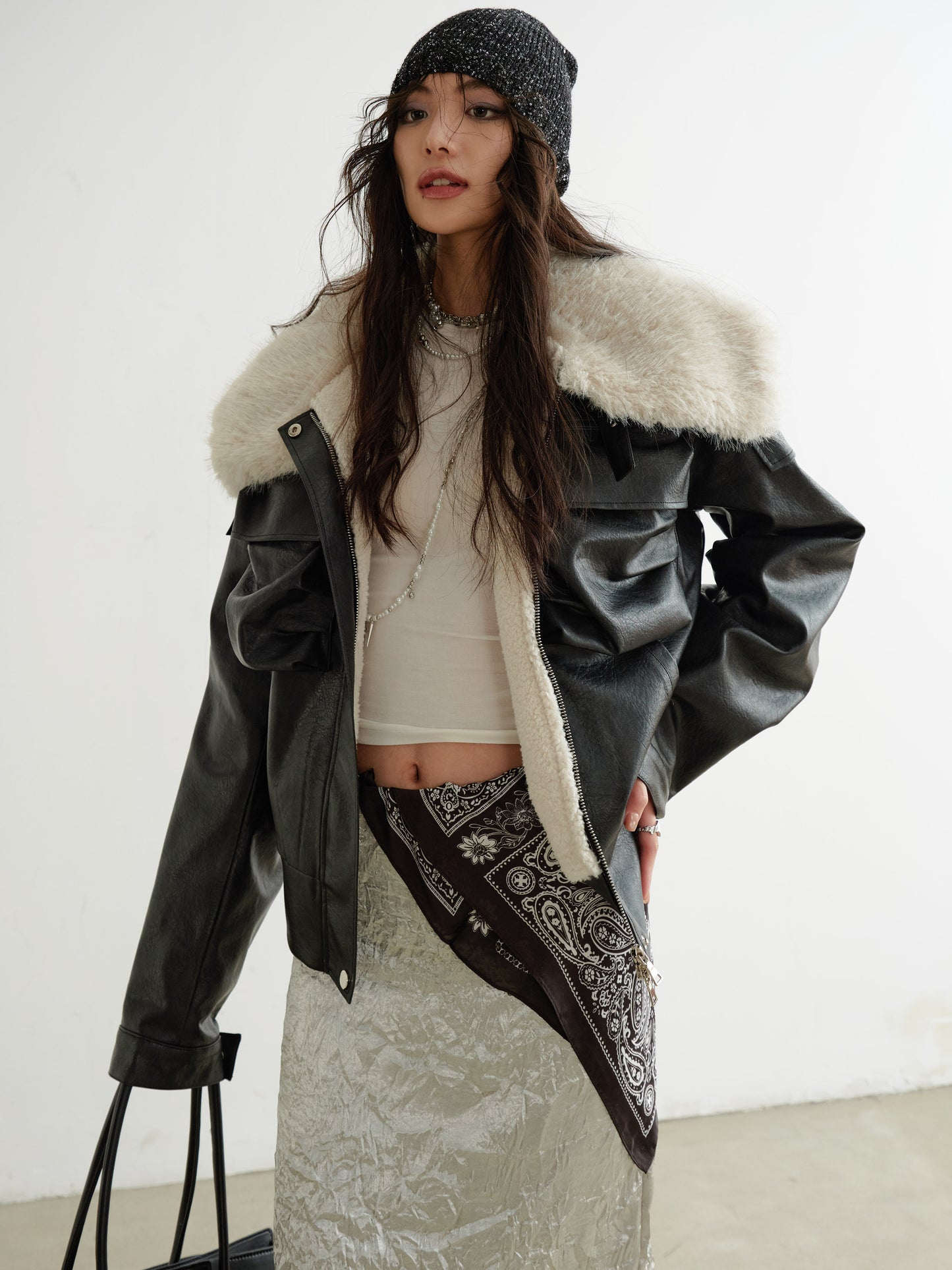 Faux Leather 3D Pocket Jacket With Fur Collar