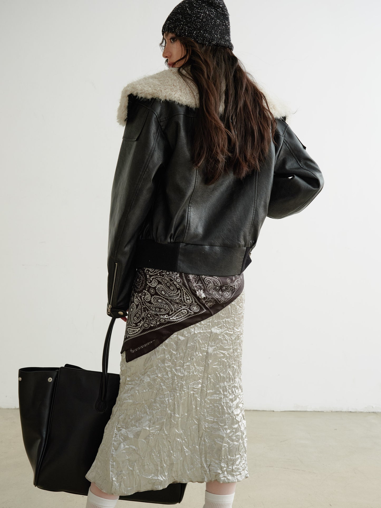 Faux Leather 3D Pocket Jacket With Fur Collar