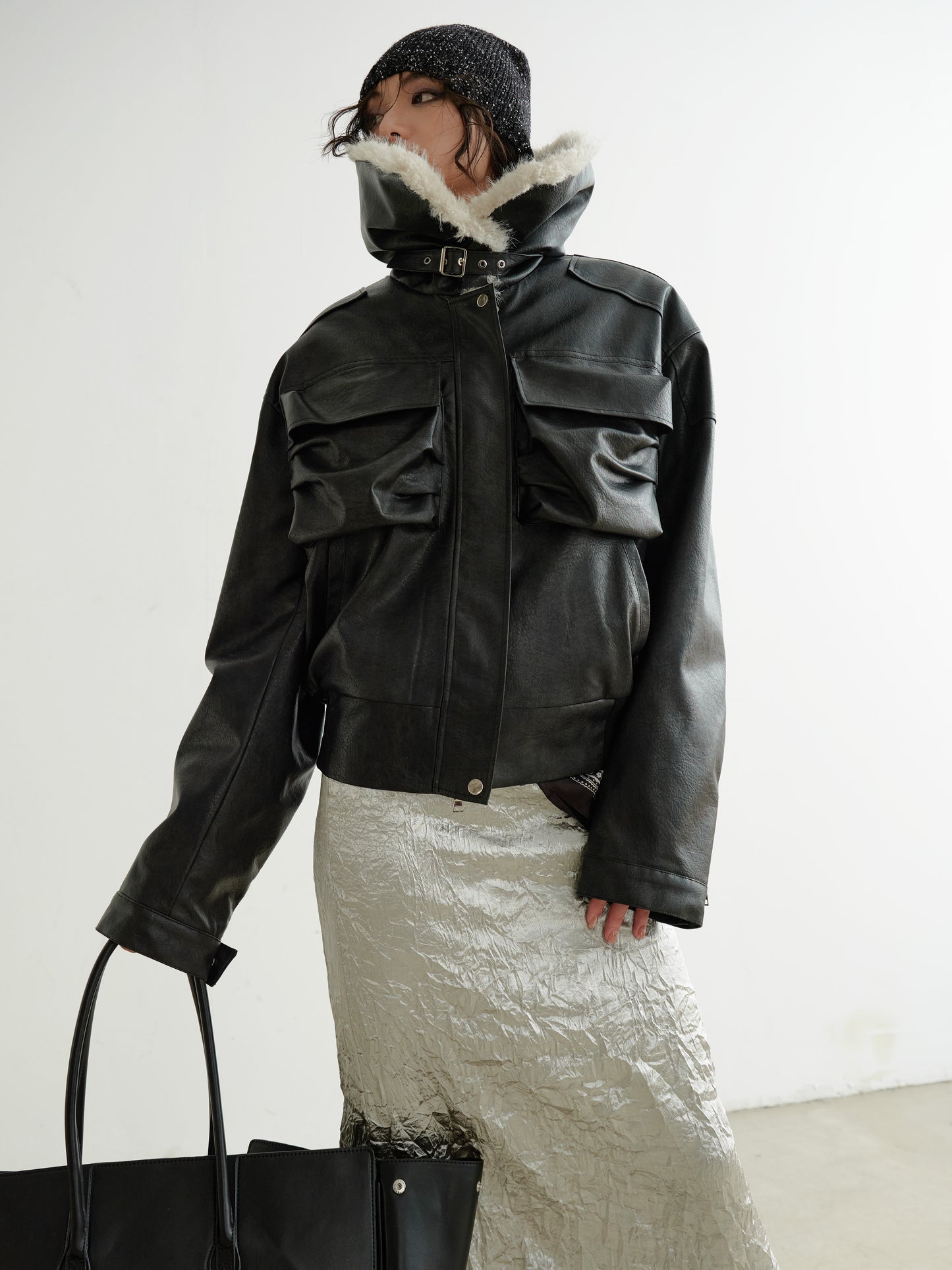Faux Leather 3D Pocket Jacket With Fur Collar