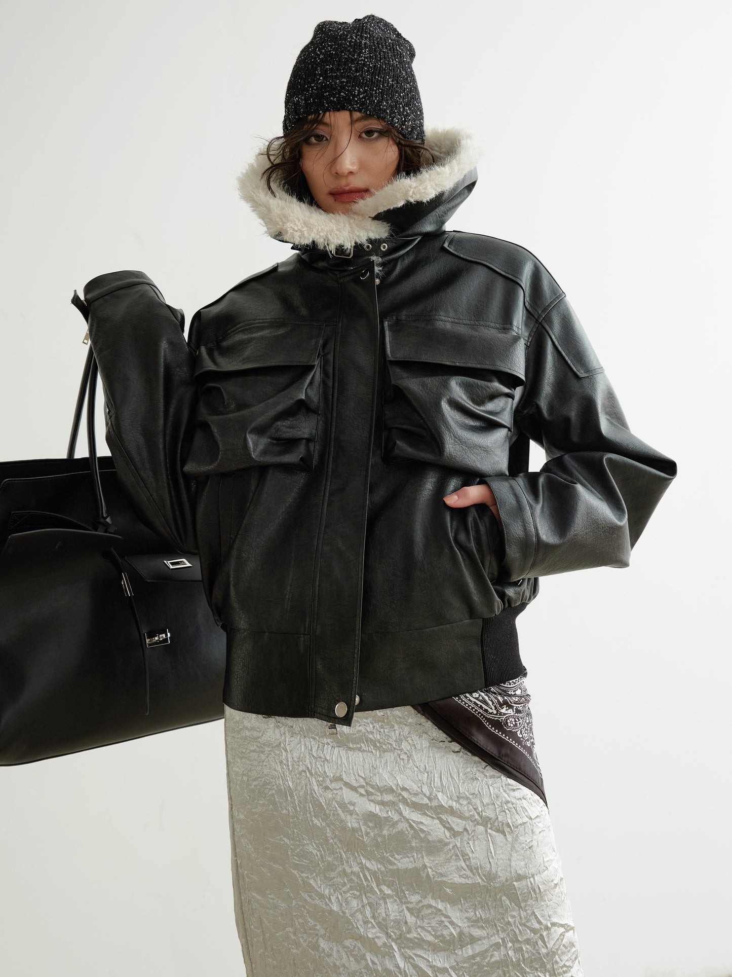 Faux Leather 3D Pocket Jacket With Fur Collar
