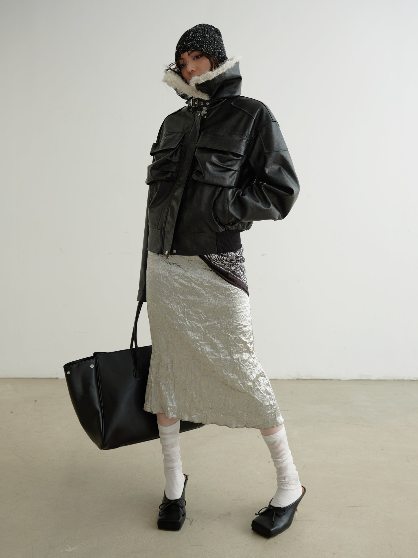 Faux Leather 3D Pocket Jacket With Fur Collar