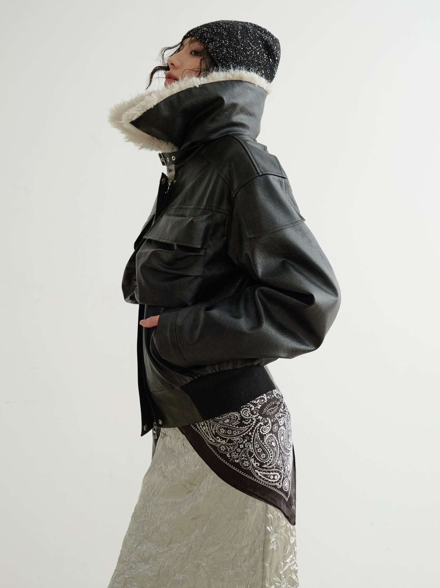 Faux Leather 3D Pocket Jacket With Fur Collar