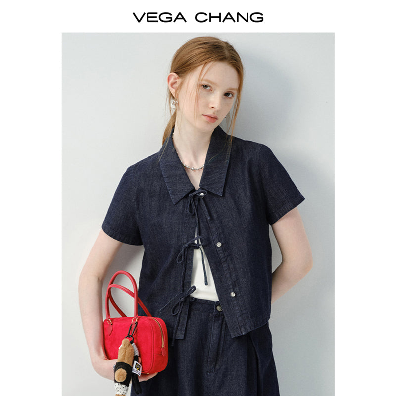 Denim Tie-Front Shirt & Pleated Pants