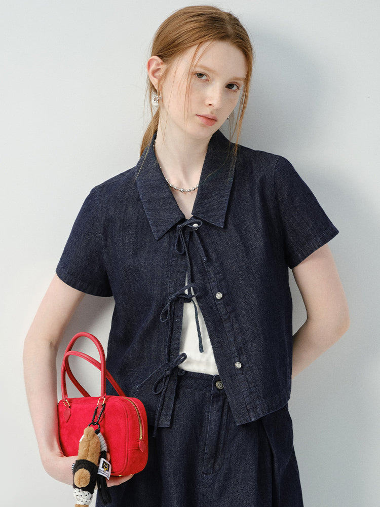 Denim Tie-Front Shirt & Pleated Pants