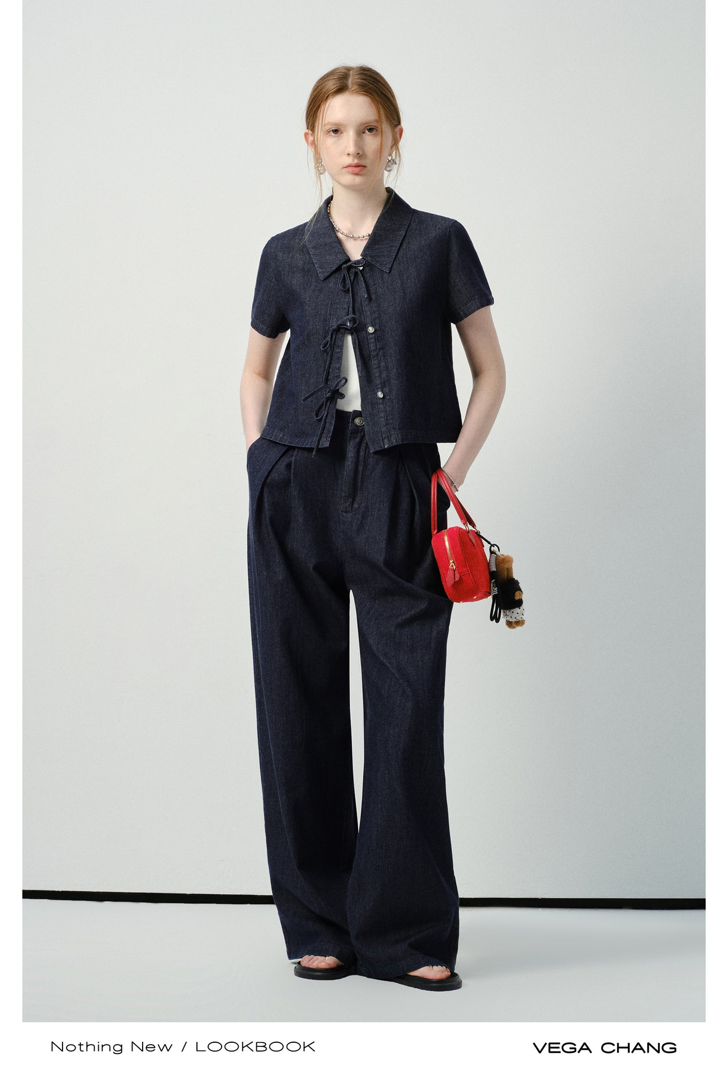 Denim Tie-Front Shirt & Pleated Pants