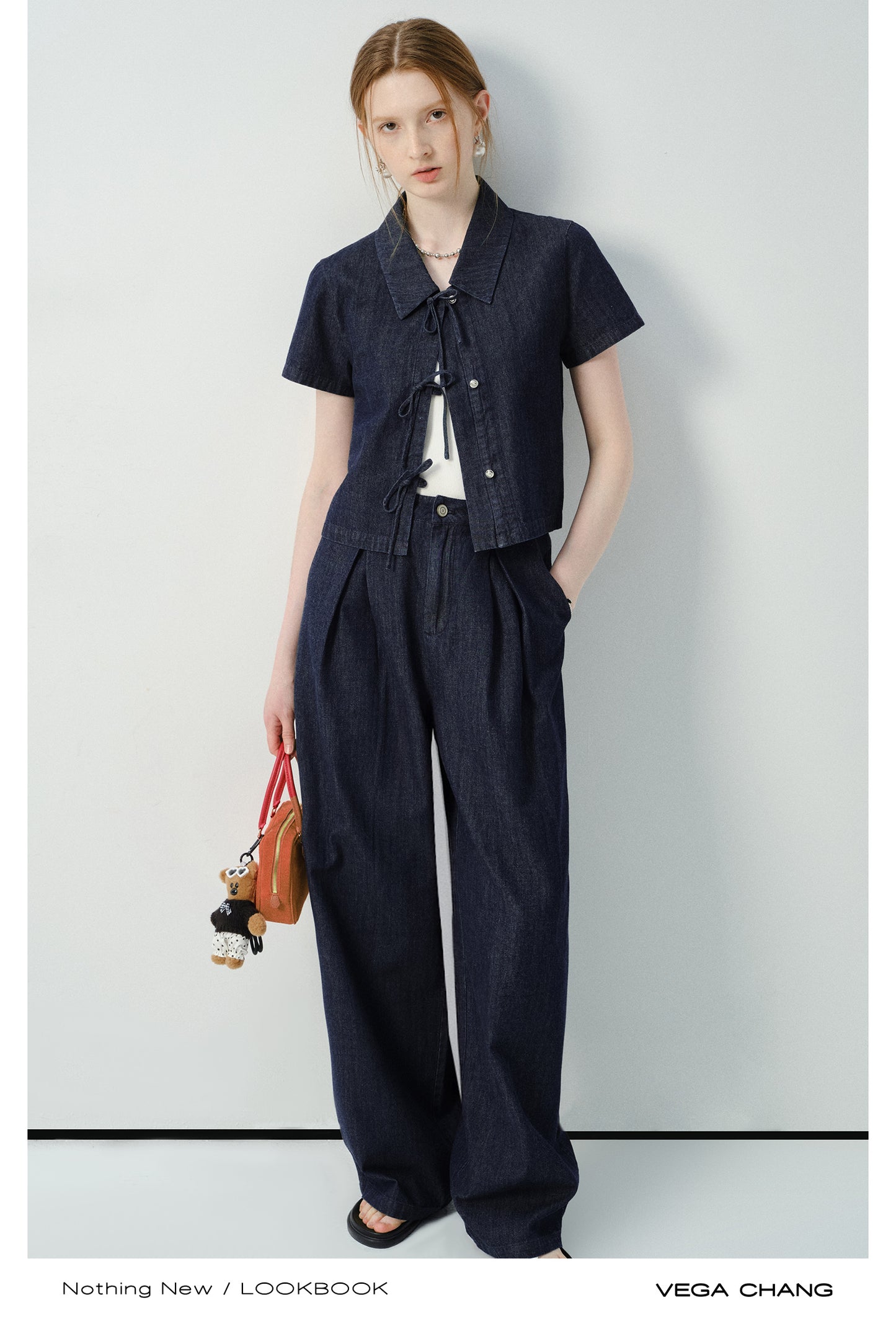 Denim Tie-Front Shirt & Pleated Pants