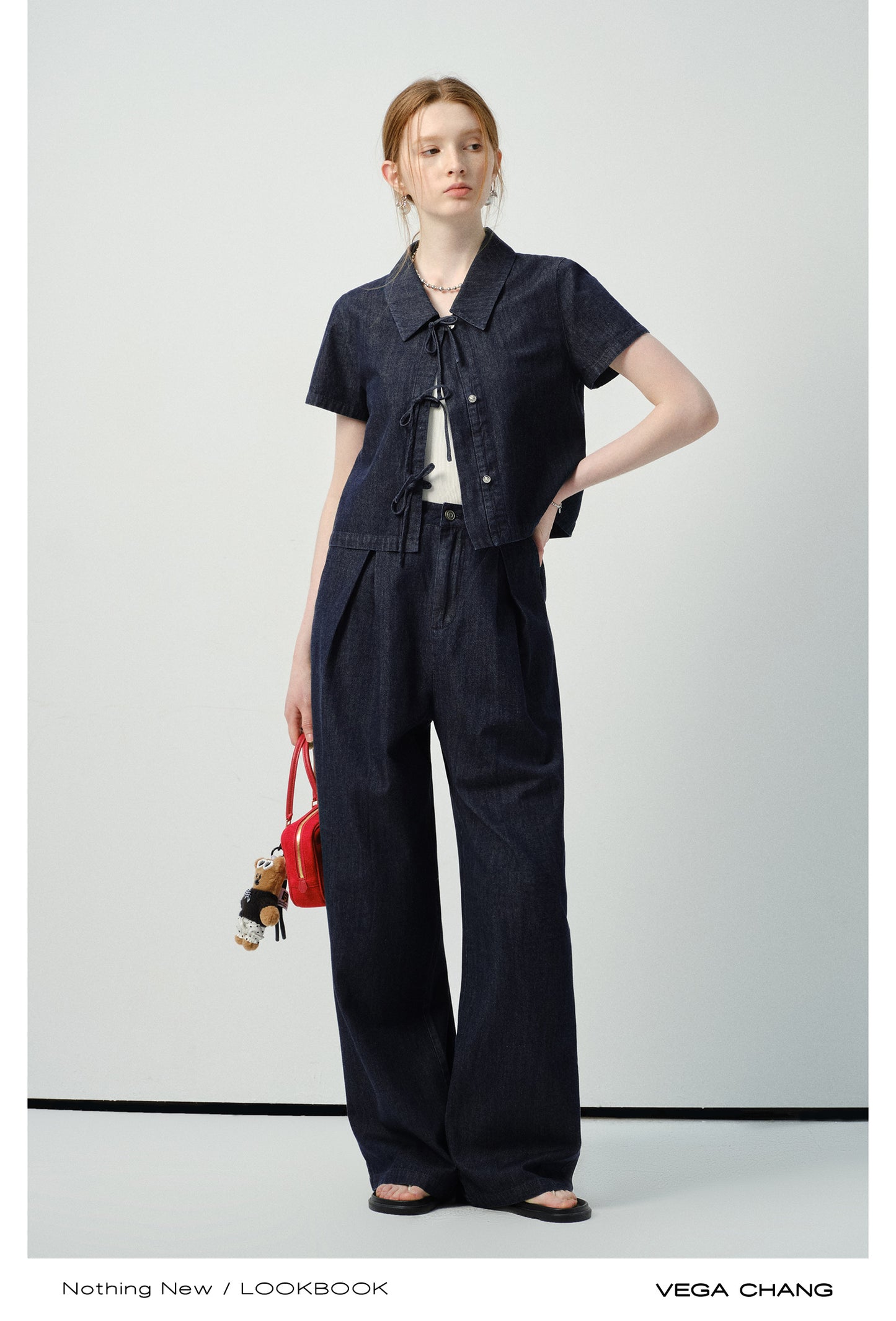 Denim Tie-Front Shirt & Pleated Pants