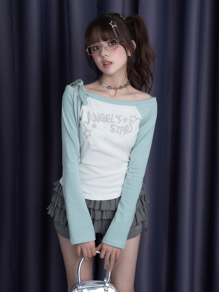 Off-Shoulder T-Shirt With Star Charm Tie Strap