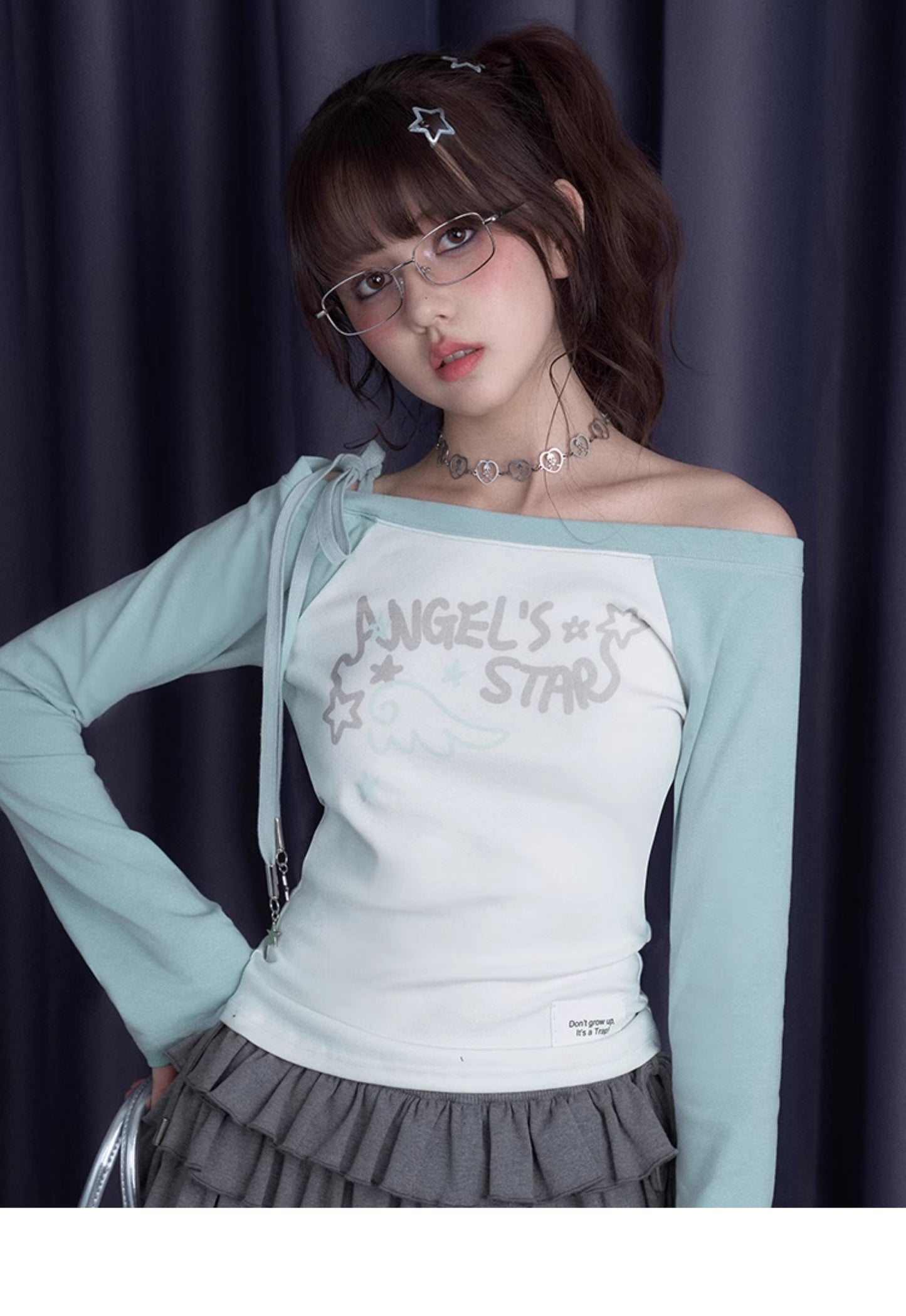 Off-Shoulder T-Shirt With Star Charm Tie Strap