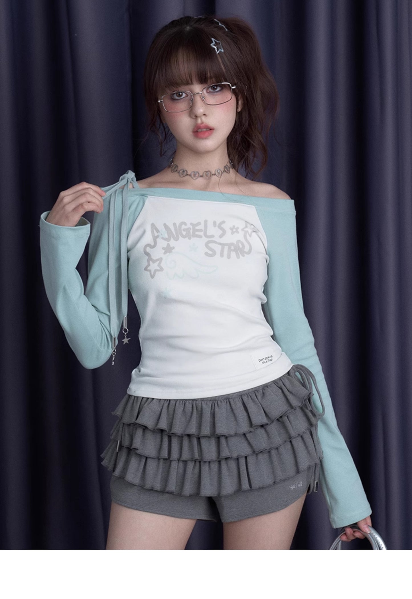 Off-Shoulder T-Shirt With Star Charm Tie Strap