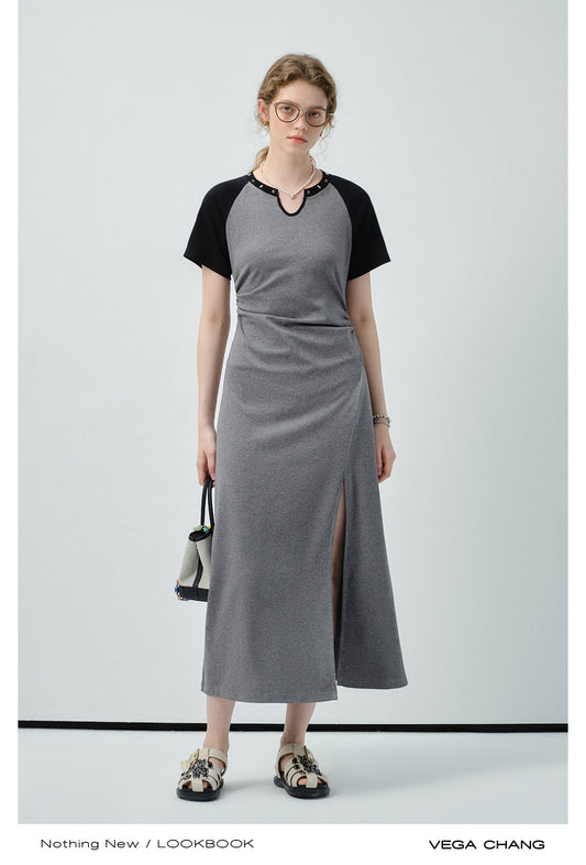 Studded-Neck Contrast T-Shirt Dress With Side Slit