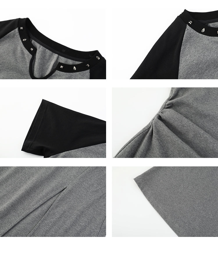 Studded-Neck Contrast T-Shirt Dress With Side Slit