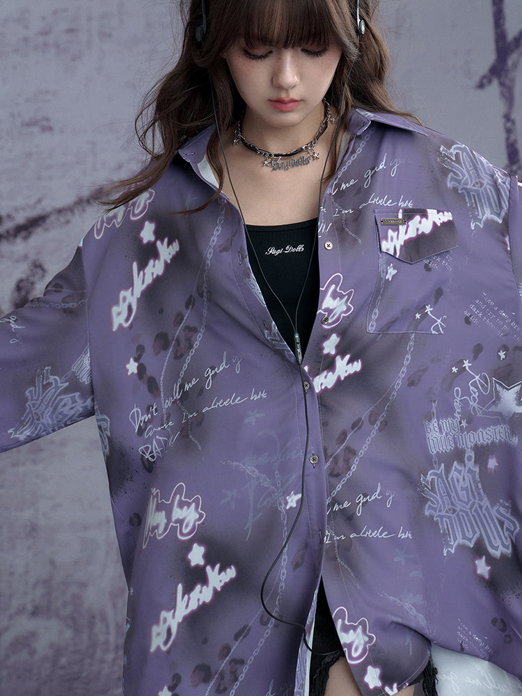 Street-Style Neon Print One-Size Silky Shirt