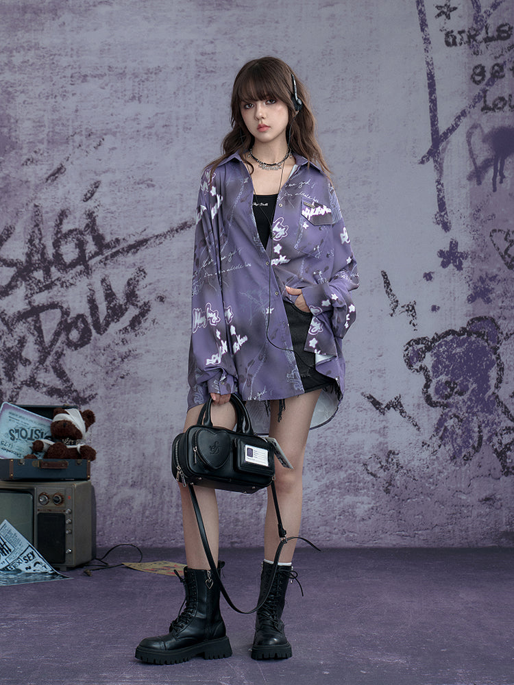 Street-Style Neon Print One-Size Silky Shirt