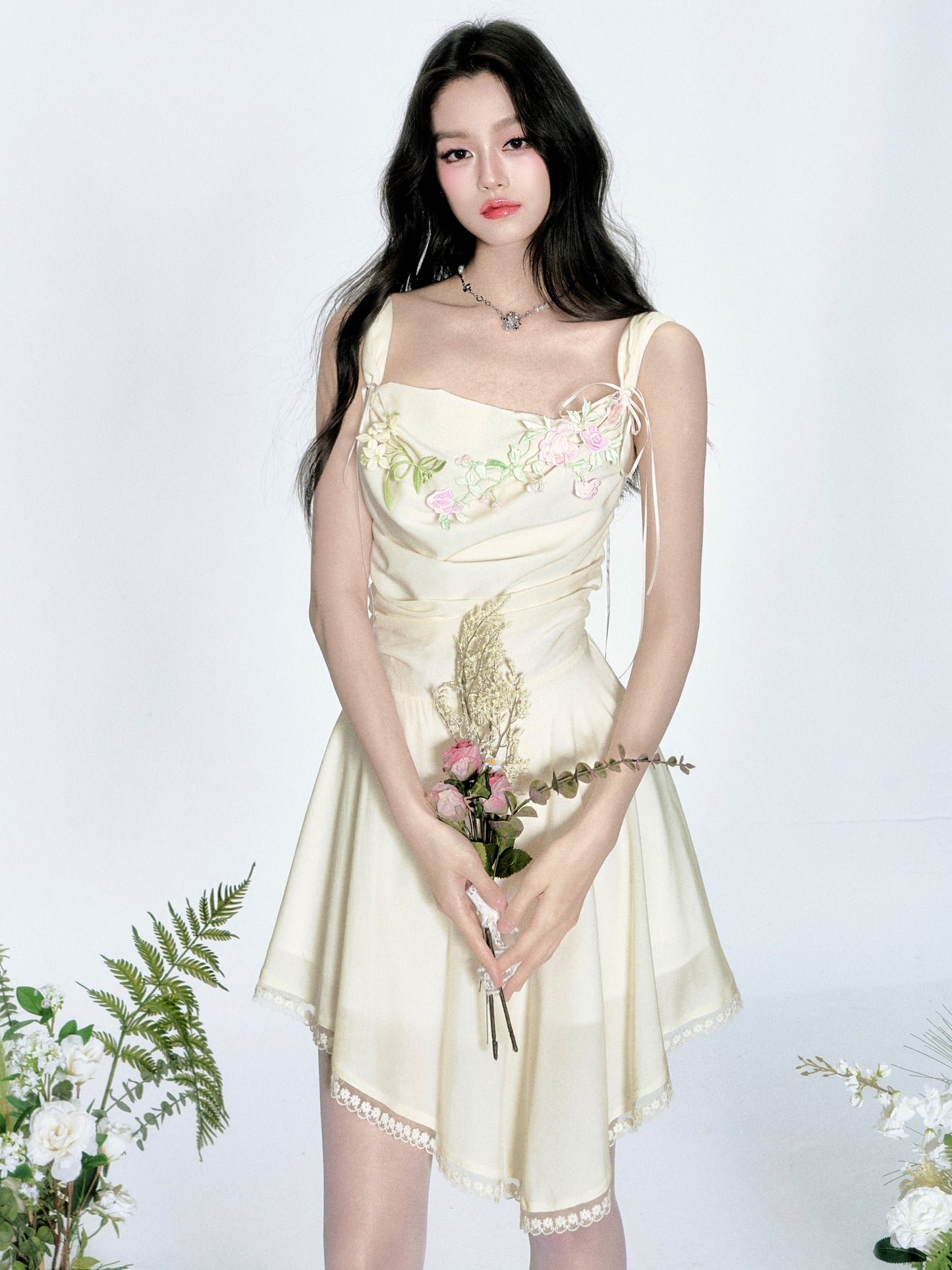 Ruched Asymmetrical Floral Dress With Straps