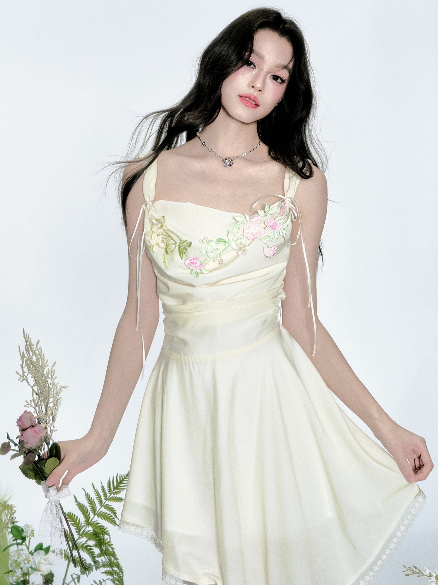 Ruched Asymmetrical Floral Dress With Straps