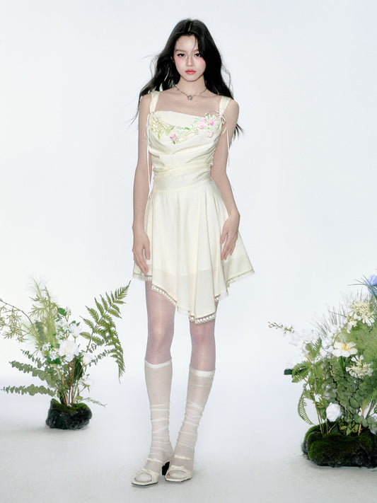 Ruched Asymmetrical Floral Dress With Straps