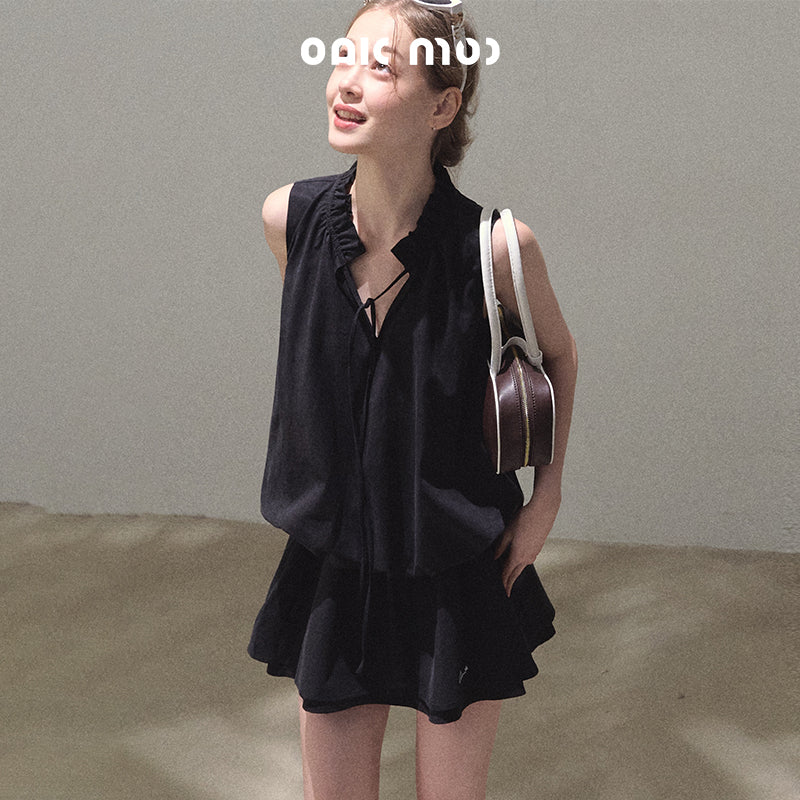 Bubble Waist Mini Dress With Tie Neck
