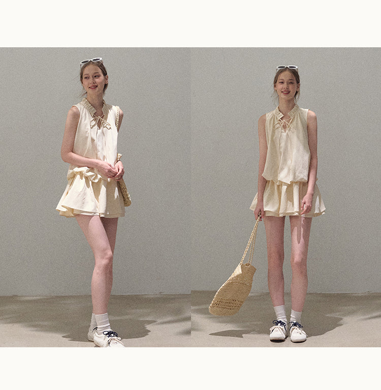 Bubble Waist Mini Dress With Tie Neck