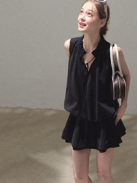 Bubble Waist Mini Dress With Tie Neck