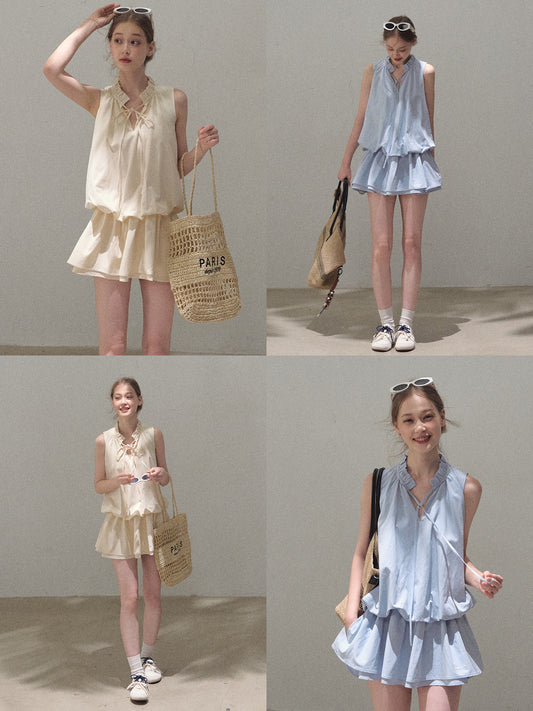 Bubble Waist Mini Dress With Tie Neck