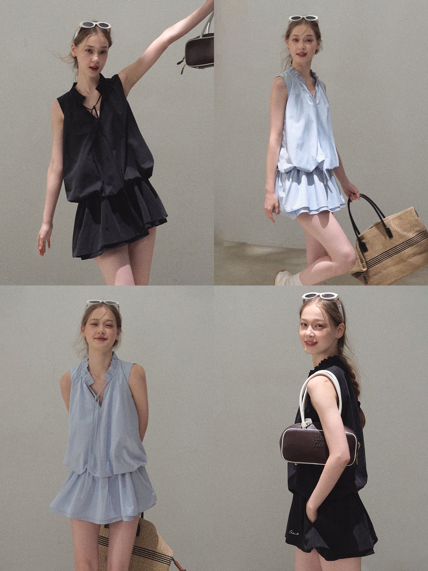 Bubble Waist Mini Dress With Tie Neck