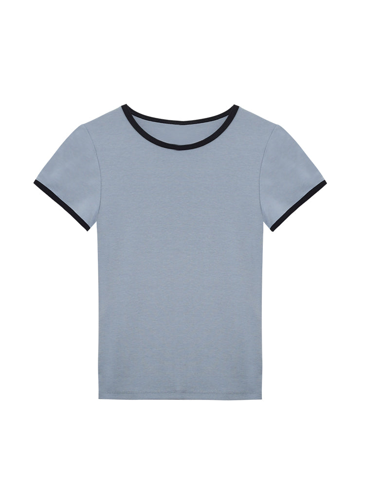 Contrast-Tipped Minimalist Fitted T-Shirt