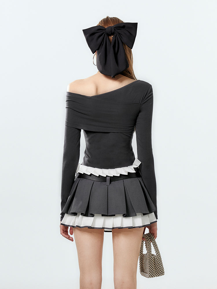 Two-Tone Layered Pleated Low-Rise Micro Mini Skirt