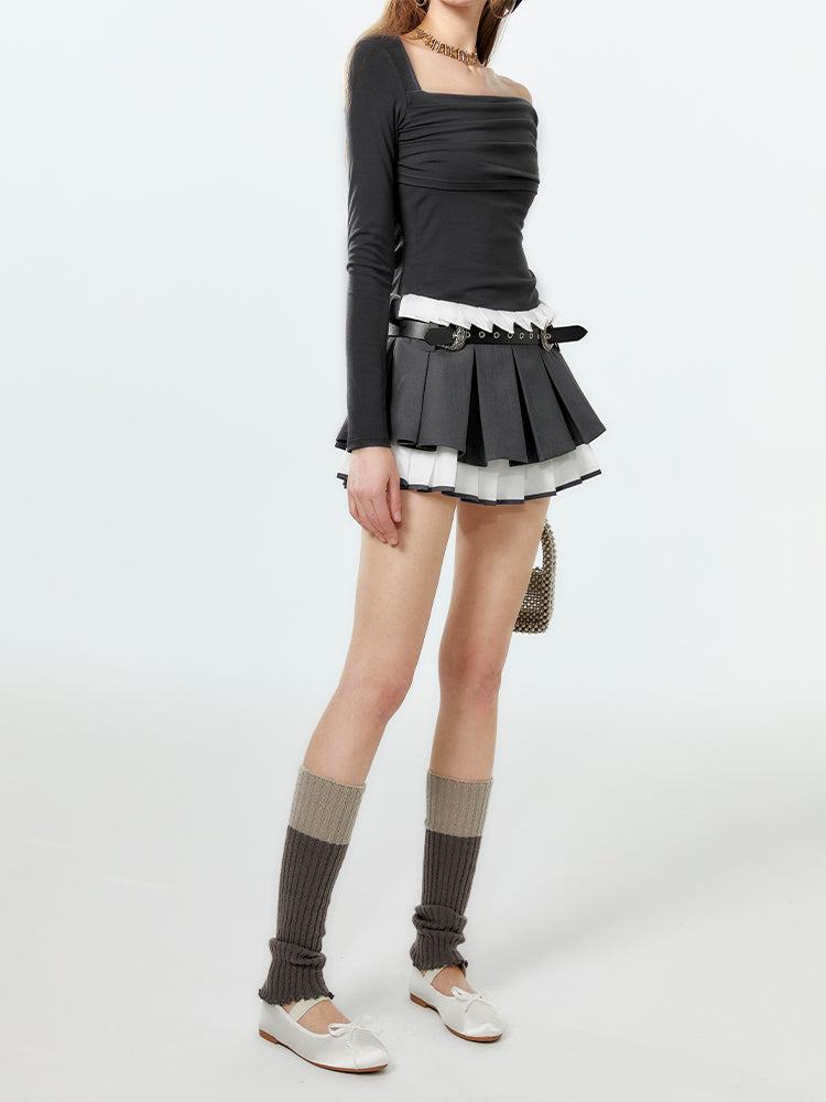 Two-Tone Layered Pleated Low-Rise Micro Mini Skirt