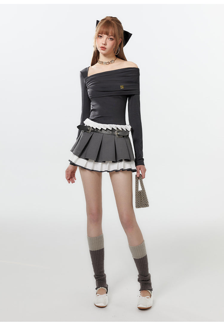 Two-Tone Layered Pleated Low-Rise Micro Mini Skirt