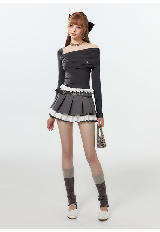 Two-Tone Layered Pleated Low-Rise Micro Mini Skirt