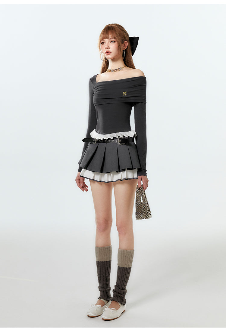 Two-Tone Layered Pleated Low-Rise Micro Mini Skirt
