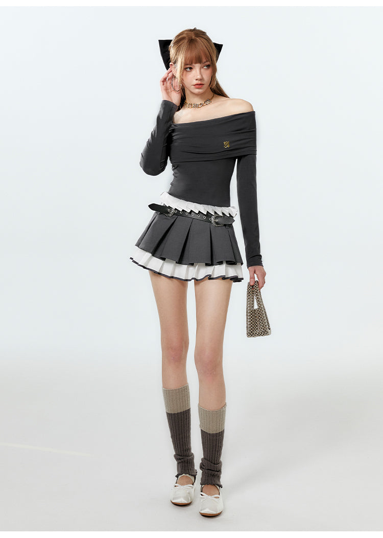 Two-Tone Layered Pleated Low-Rise Micro Mini Skirt