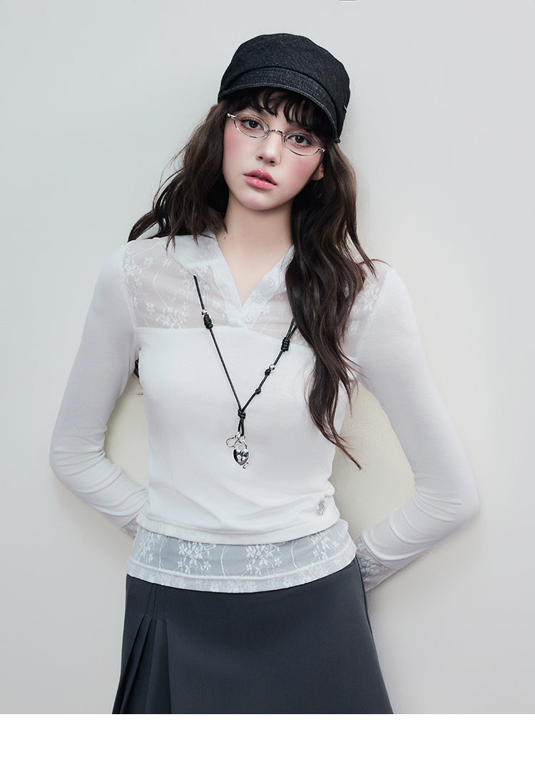 Mixed-Fabric Lace Panel Top