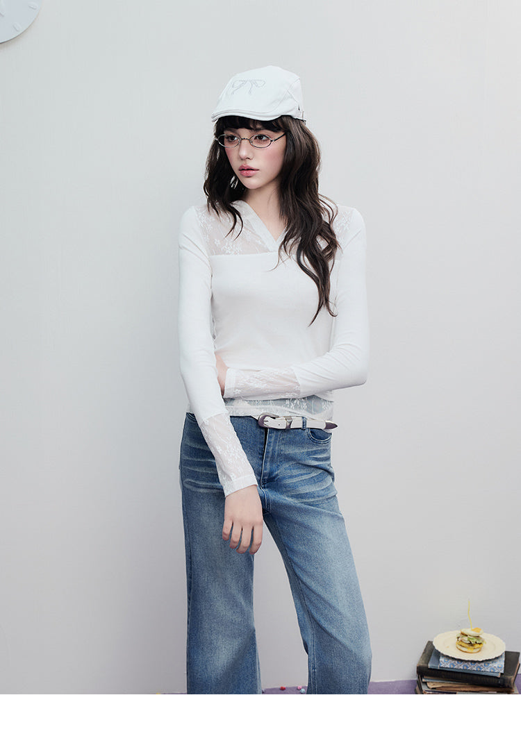 Mixed-Fabric Lace Panel Top