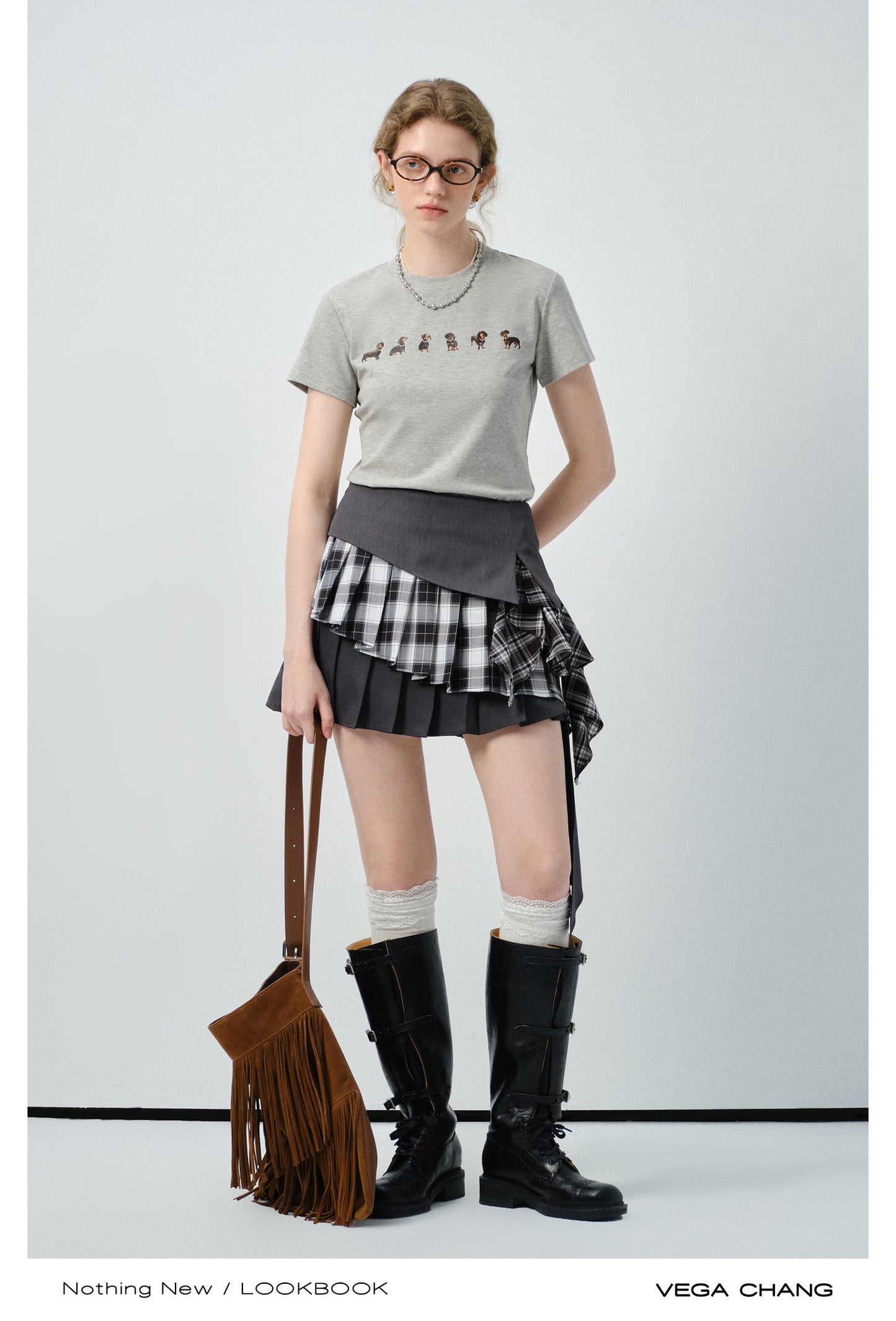 Dachshund Print Tee & Mixed Fabric Layered Skirt