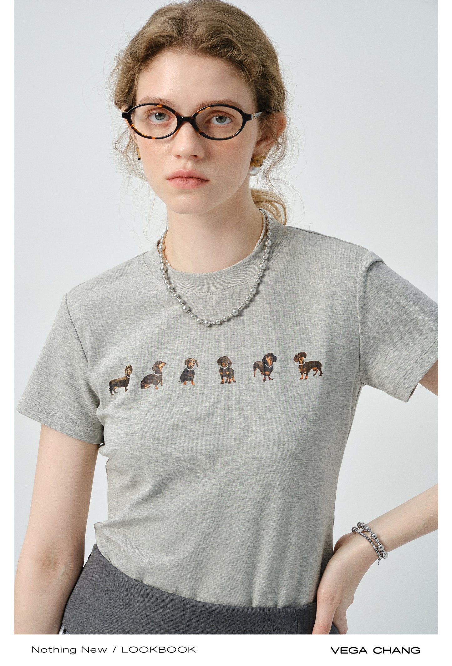 Dachshund Print Tee & Mixed Fabric Layered Skirt