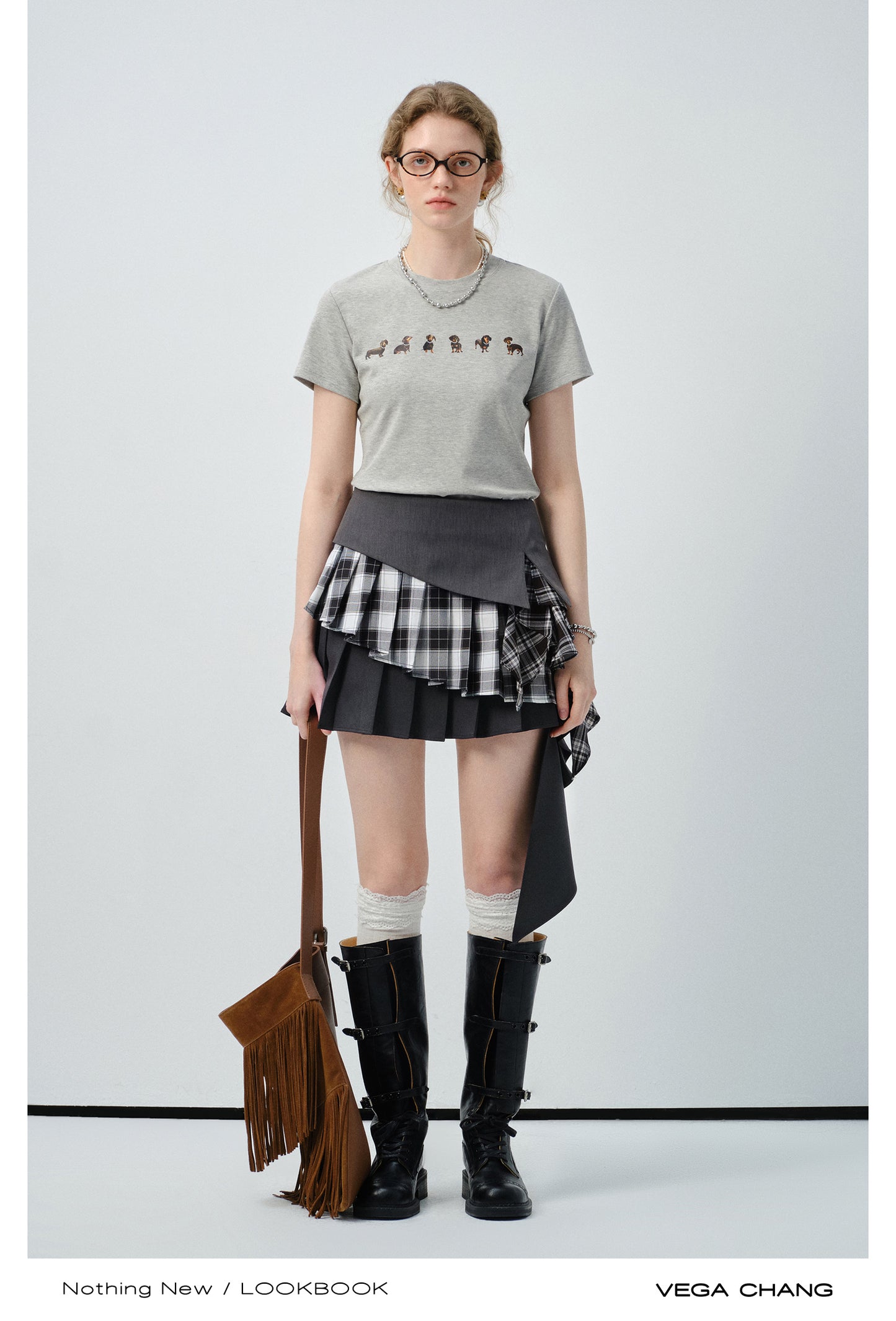 Dachshund Print Tee & Mixed Fabric Layered Skirt