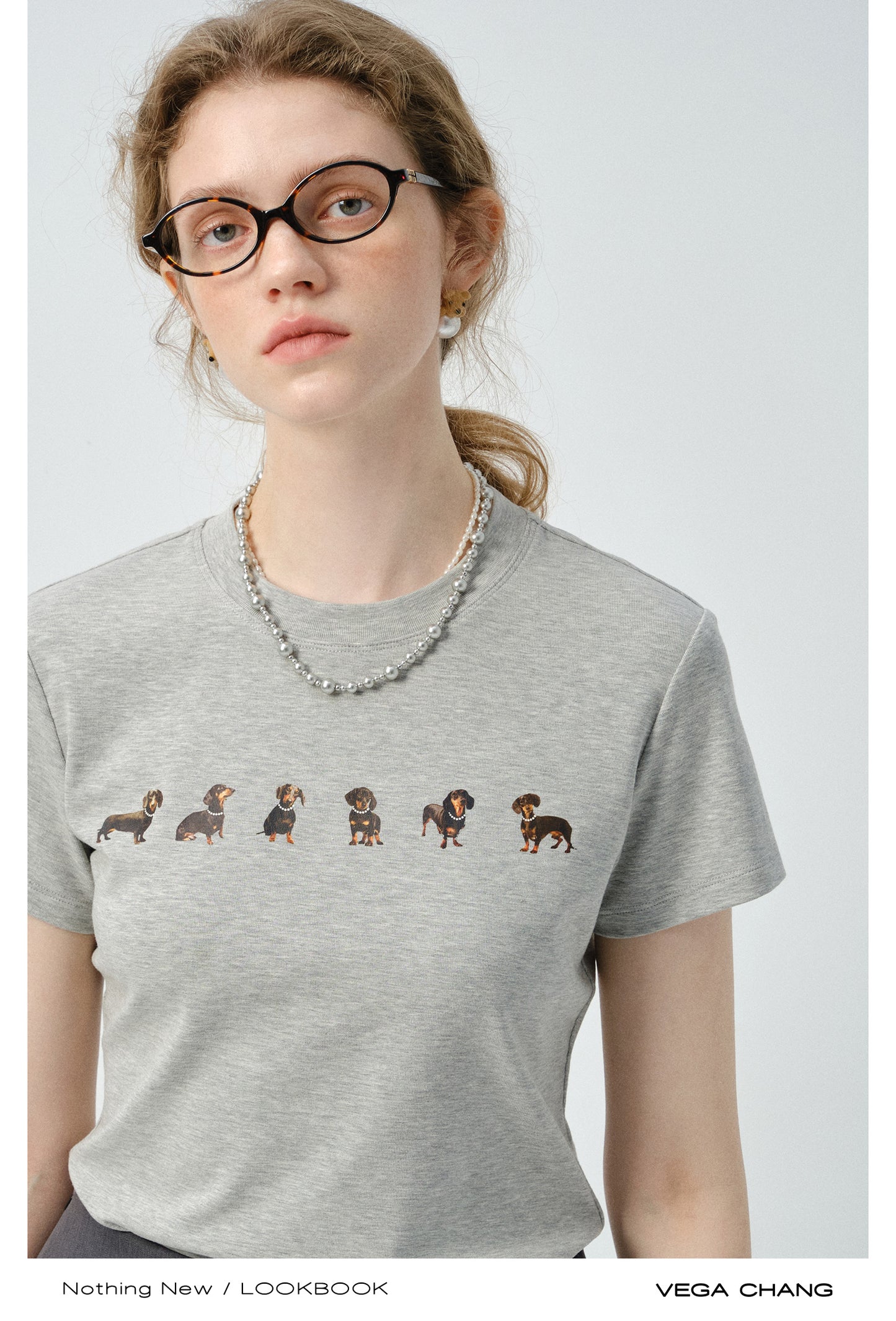 Dachshund Print Tee & Mixed Fabric Layered Skirt