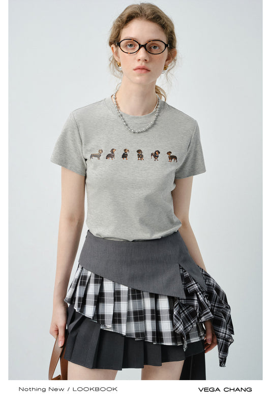 Dachshund Print Tee & Mixed Fabric Layered Skirt