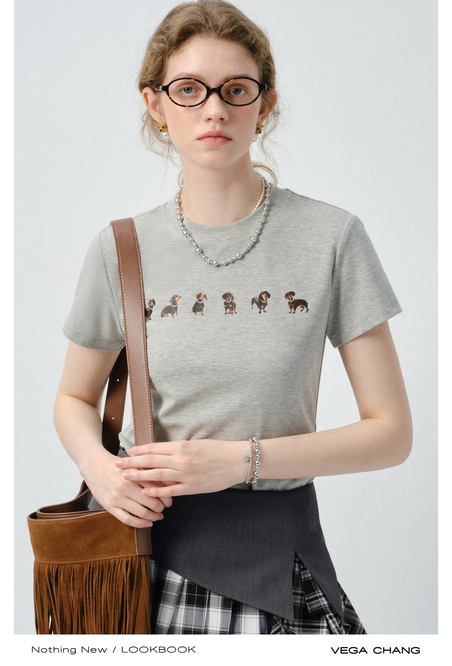 Dachshund Print Tee & Mixed Fabric Layered Skirt