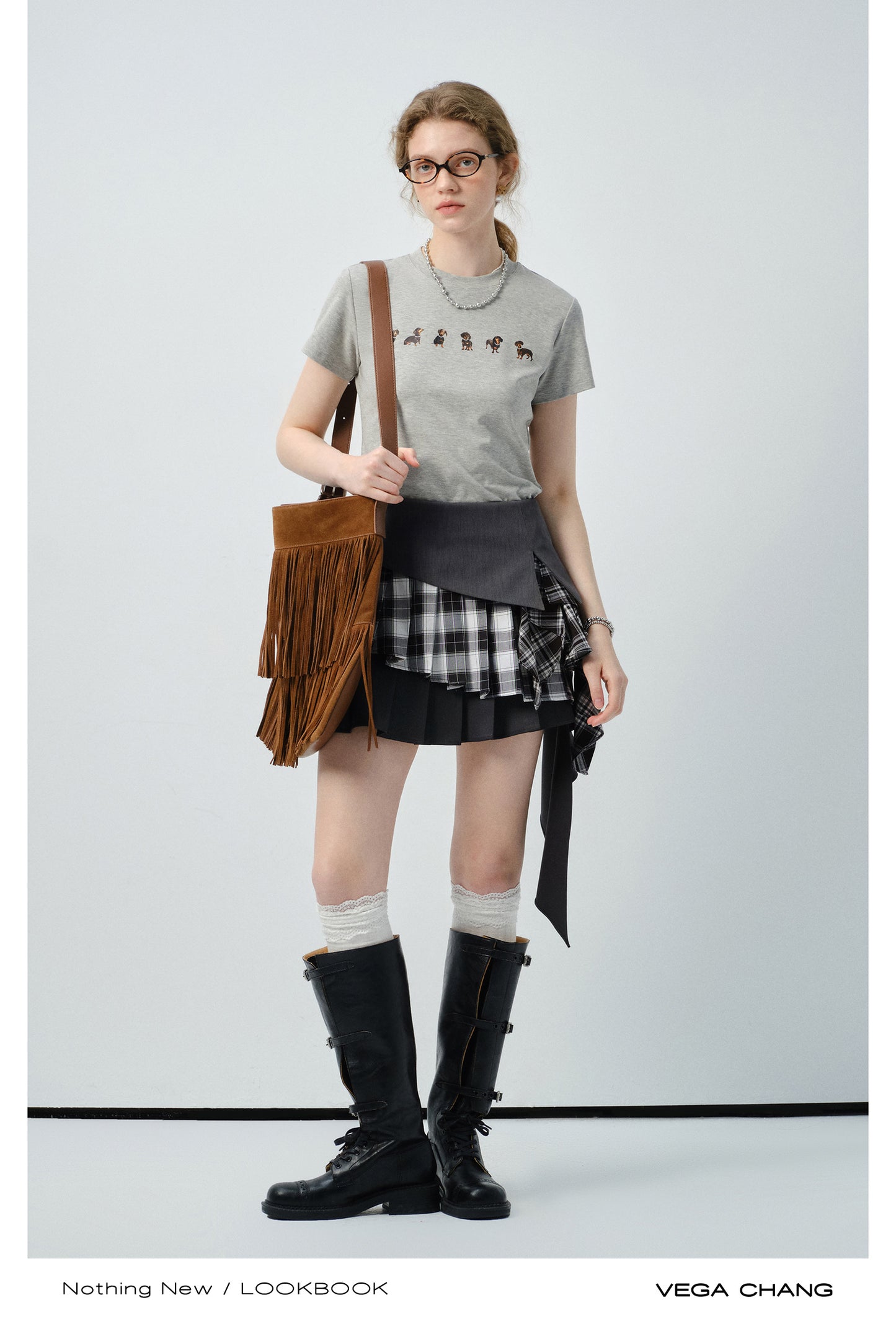 Dachshund Print Tee & Mixed Fabric Layered Skirt