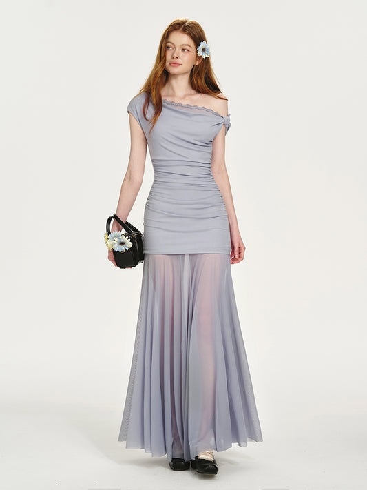One-Shoulder Dress With Ruched Detail And Sheer Bottom