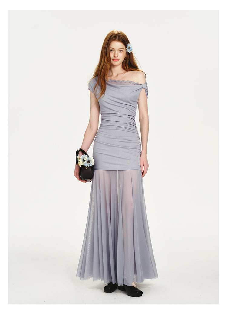 One-Shoulder Dress With Ruched Detail And Sheer Bottom